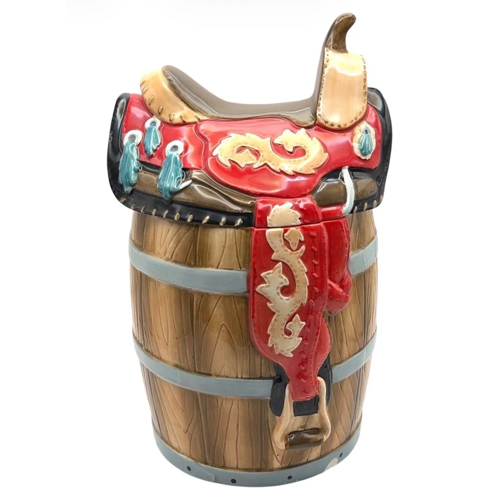 Vintage Young's Western Saddle on Barrel Cookie Jar Rustic Cowboy Decor 11.25